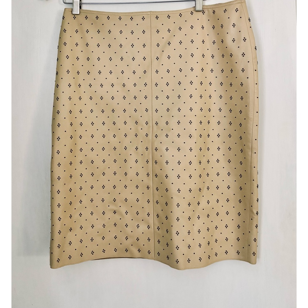 CK Calvin Klein Tan Leather Pencil Skirt With Brown Beading- Size 12